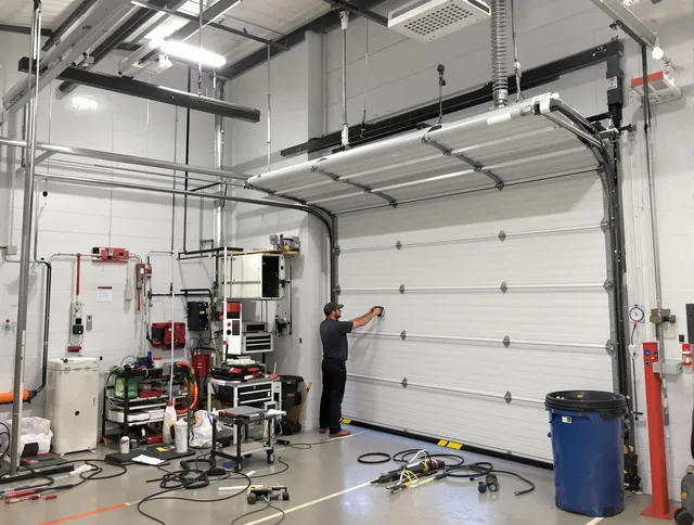 North Haven Garage Door Repair certified technician performing commercial door repair at a North Haven business facility