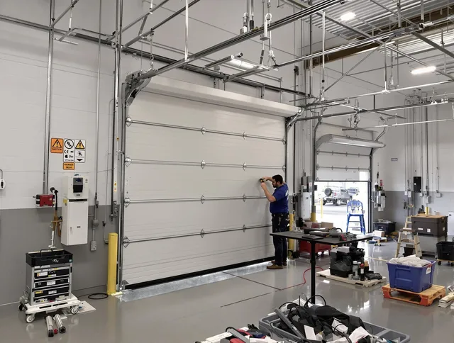 Commercial garage door repair being performed by North Haven Garage Door Repair expert in North Haven