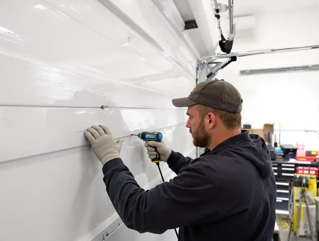 North Haven Garage Door Repair technician demonstrating precision dent removal techniques on a North Haven garage door
