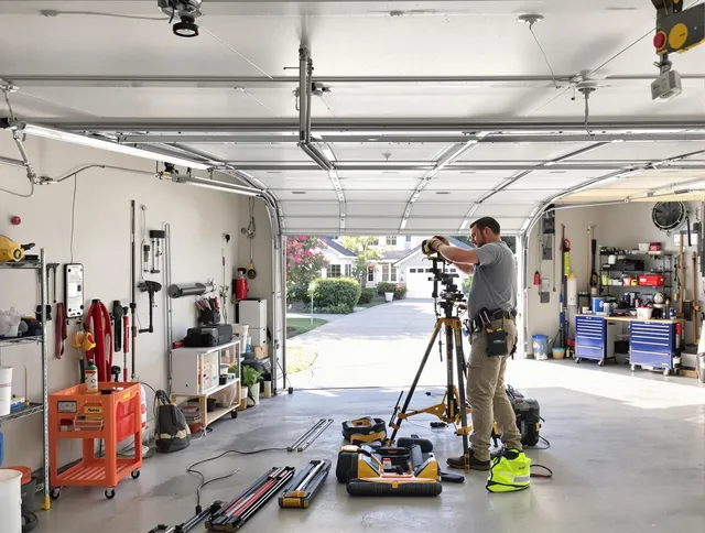 North Haven Garage Door Repair specialist performing laser-guided track alignment in North Haven